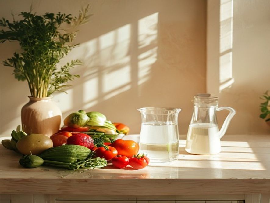 Kitchen workspace with fresh ingredients and healthy food preparation